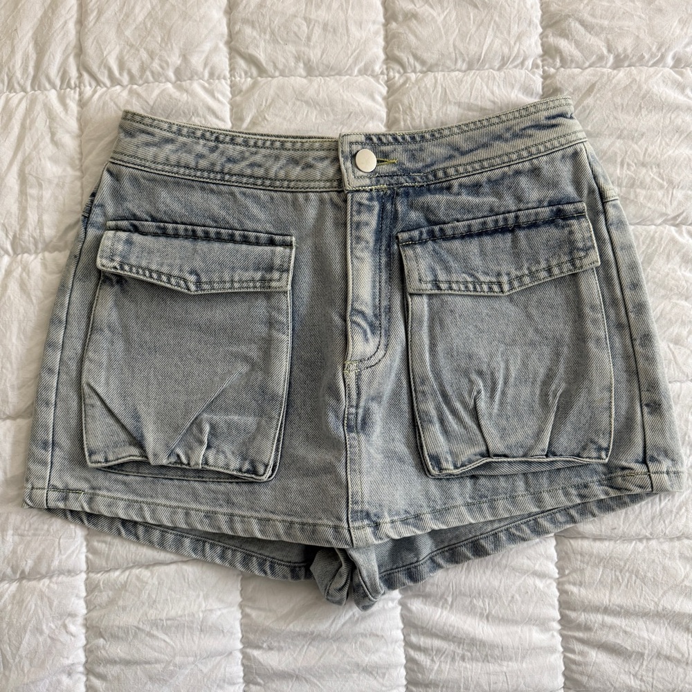 {Grey Bandit} Washed Light Blue Denim Skort with Front Patch Pockets | XS